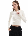 Miss Selfridge rib knit half zip collar detail top in cream