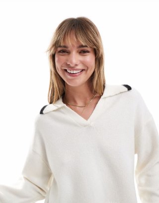 Miss Selfridge tipped polo collar slouchy sweater in cream with black tipping