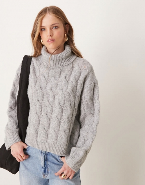 Miss Selfridge cable high neck cozy knit sweater in charcoal heather