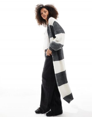 Miss Selfridge maxi cardigan in charcoal and cream stripe