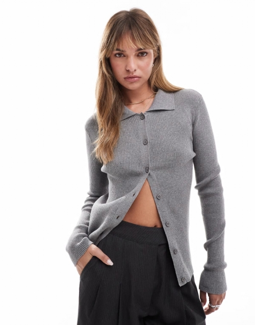 Miss Selfridge rib knit fitted cardigan in gray heather