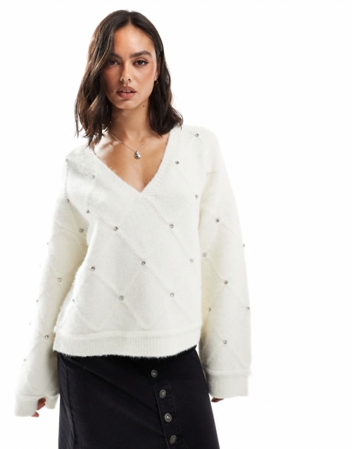 Miss Selfridge diamond pattern embellished wide sleeve sweater in cream