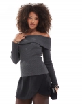 Miss Selfridge fold over knit ribbed bardot sweater in charcoal