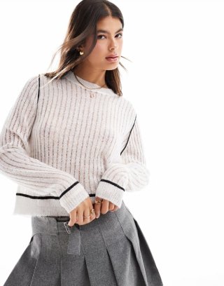 Miss Selfridge sheer knitted sweater with contrast detail in cream