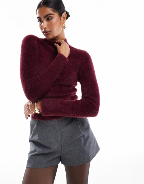 Miss Selfridge long sleeve lash knit top in burgundy