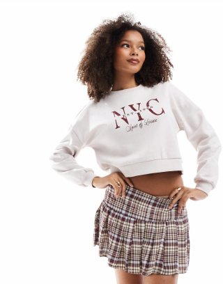 Miss Selfridge NYC graphic cropped sweatshirt in ecru