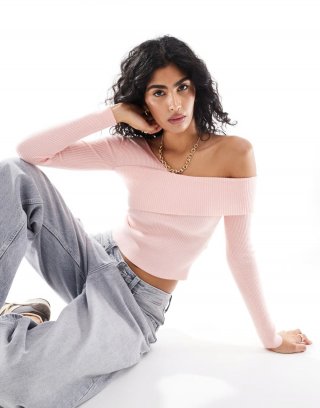 Miss Selfridge asym knit rib long sleeve top in pink