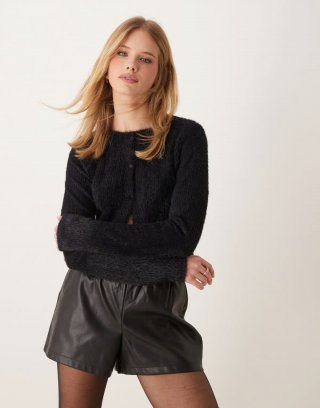 Miss Selfridge fluffy ribbed cardigan in black