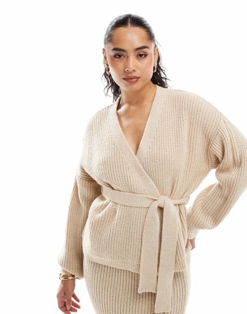 Miss Selfridge wrap over longline belted knit cardigan in stone