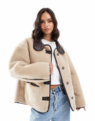 Miss Selfridge faux fur contrast jacket in cream