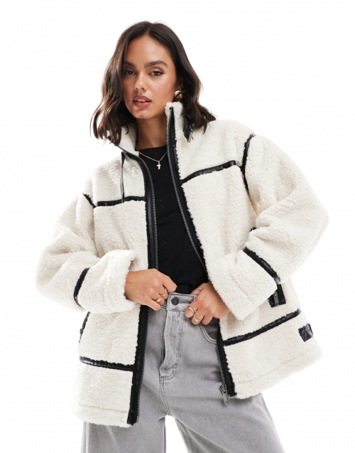 Miss Selfridge borg aviator jacket in cream