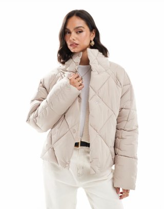 Bcbg BCBGMAXAZRIA oversized quilted funnel neck crop puffer jacket in mushroom