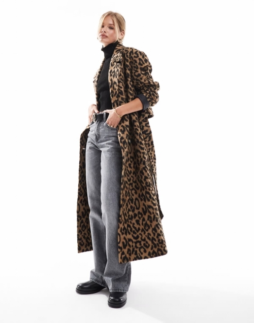 Miss Selfridge belted wrap formal coat in leopard print