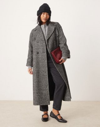 Miss Selfridge Petite herringbone belted trench coat in mono