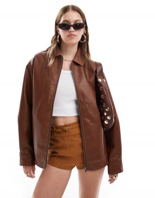 Bcbg BCBGMAXAZRIA washed faux leather oversized bomber jacket in chestnut