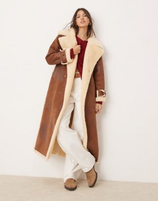 Bcbg BCBGMAXAZRIA borg contrast belted maxi wrap coat in tan