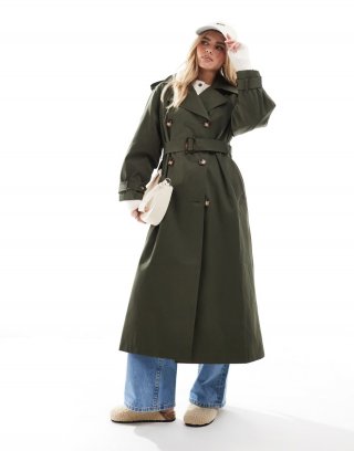 Miss Selfridge Petite belted trench coat in khaki