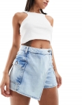 Miss Selfridge wrap over denim skort in mid blue wash