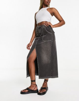 Miss Selfridge pocket detail maxi skirt in black wash with contrast stitching