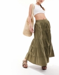 Miss Selfridge button through tiered prairie maxi skirt in khaki