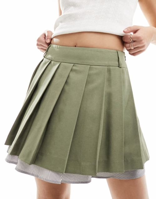 Miss Selfridge tailored poplin layer pleated mini skirt in khaki