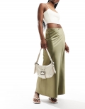 Miss Selfridge satin trim detail bias maxi skirt in khaki