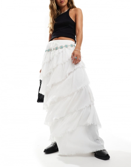 Miss Selfridge textured asymmetric tiered frayed edge maxi skirt in white