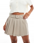 Miss Selfridge belted pleated mini skirt in stone