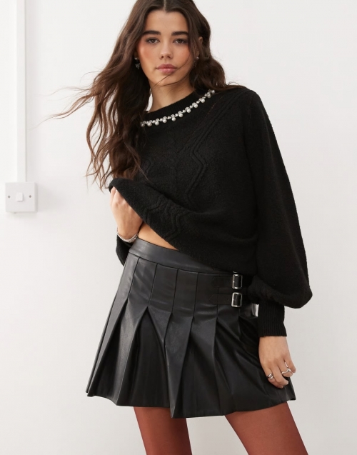 Miss Selfridge faux leather pleated buckle detail kilt