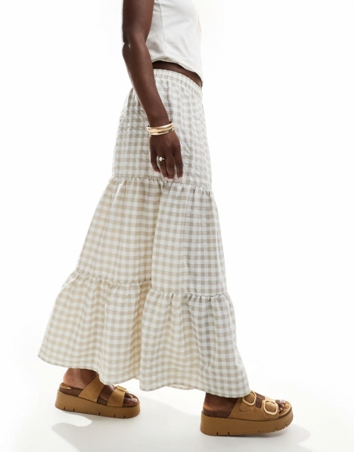 Miss Selfridge tiered maxi gingham skirt in stone