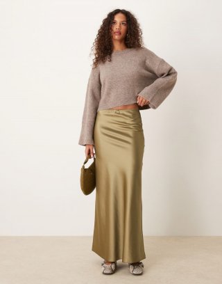 Miss Selfridge satin maxi skirt in khaki