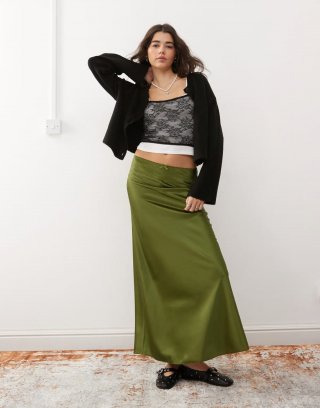 Miss Selfridge satin maxi skirt in olive