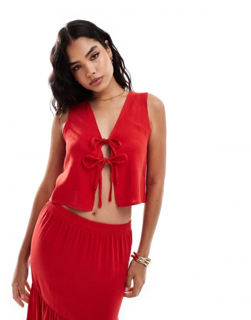 Miss Selfridge tie front linen vest in red