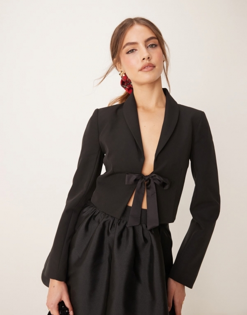 Miss Selfridge ribbon detail cropped blazer in black