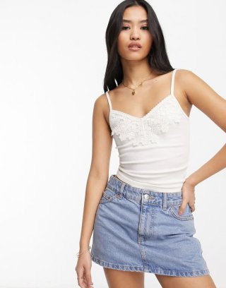 Miss Selfridge lace trim crop cami in cream