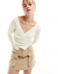 Miss Selfridge wrap over rib knit top in cream