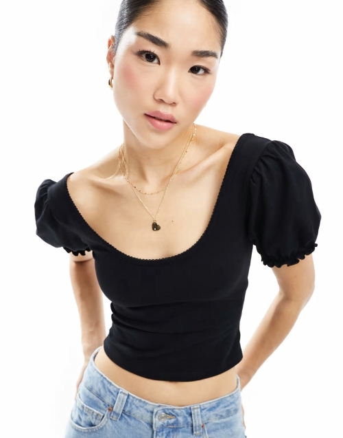 Miss Selfridge puff sleeve milkmaid top in black