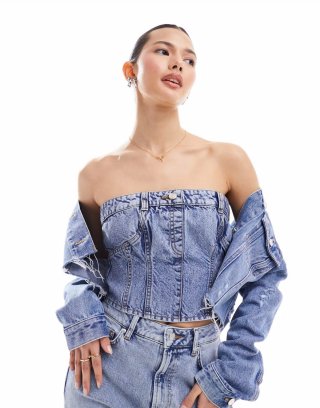 Miss Selfridge denim bandeau top in mid wash