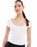 Miss Selfridge short sleeve pointelle scoop tee with lace trim detail in white