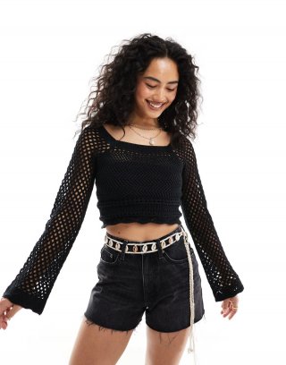 Miss Selfridge crochet square neck top in black