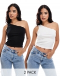 Miss Selfridge 2 pack rib one shoulder top in black and white