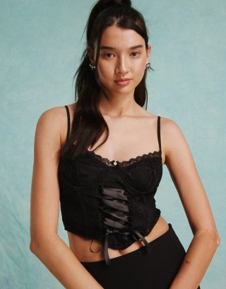 Miss Selfridge lace tie front corset top in black