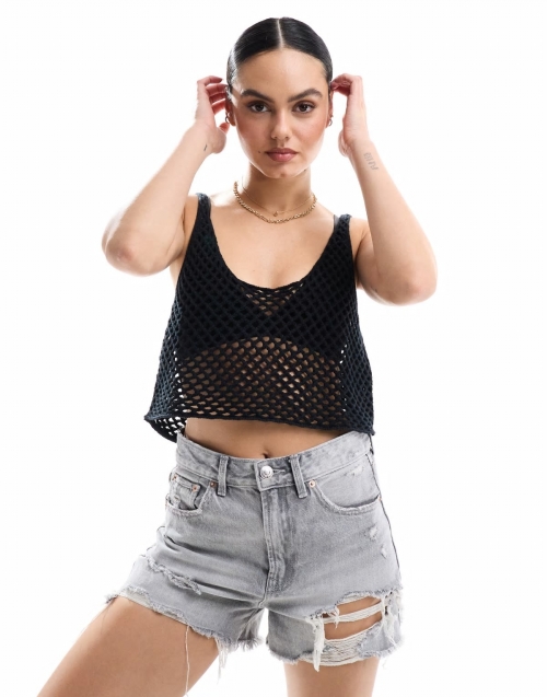 Miss Selfridge open stitch crochet crop tank top in black