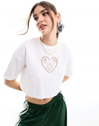 Miss Selfridge short sleeve cropped t-shirt with heart eyelet detail in white