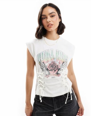 Miss Selfridge graphic print short sleeve top with lace up detail in white