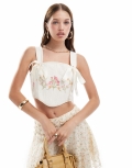 Miss Selfridge embroidered corset bow top in cream