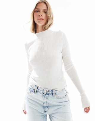 Miss Selfridge sheer knit funnel neck long sleeve top in cream