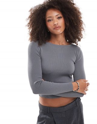 Miss Selfridge compact knit long sleeve top in charcoal heather