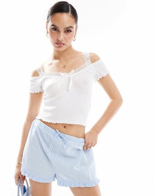 Miss Selfridge lace insert short sleeve top in white