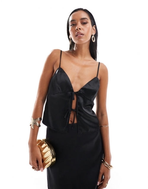 Miss Selfridge satin tie front cami top in black